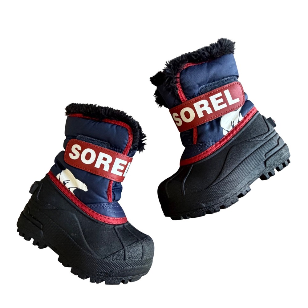 Sorel Snow Commander Kids Snow Boots Navy Blue Red Polar Bear Waterproof Size 7